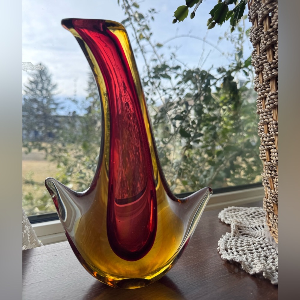 Murano Sommerso Vintage Red Orange Italian Midcentury Art Glass Flower Vase